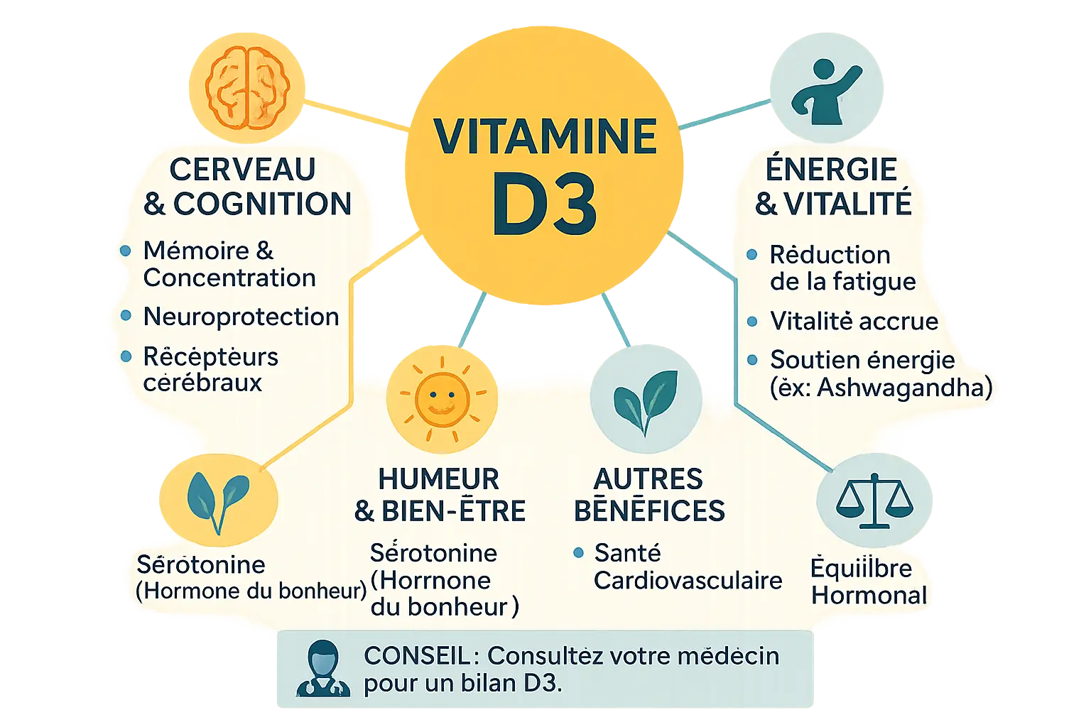 Vitamine D3 : Bienfaits des os, immunité et énergie 14 Schéma des bienfaits de la vitamine D3 sur le cerveau et l'énergie