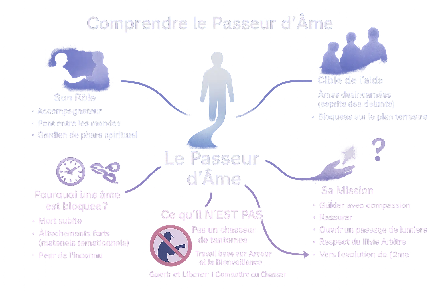 Passeur d'âme : entre vivants et défunts 🕊️ 9 Passeur d'âme représenté par une silhouette lumineuse guidant une ombre vers une lumière