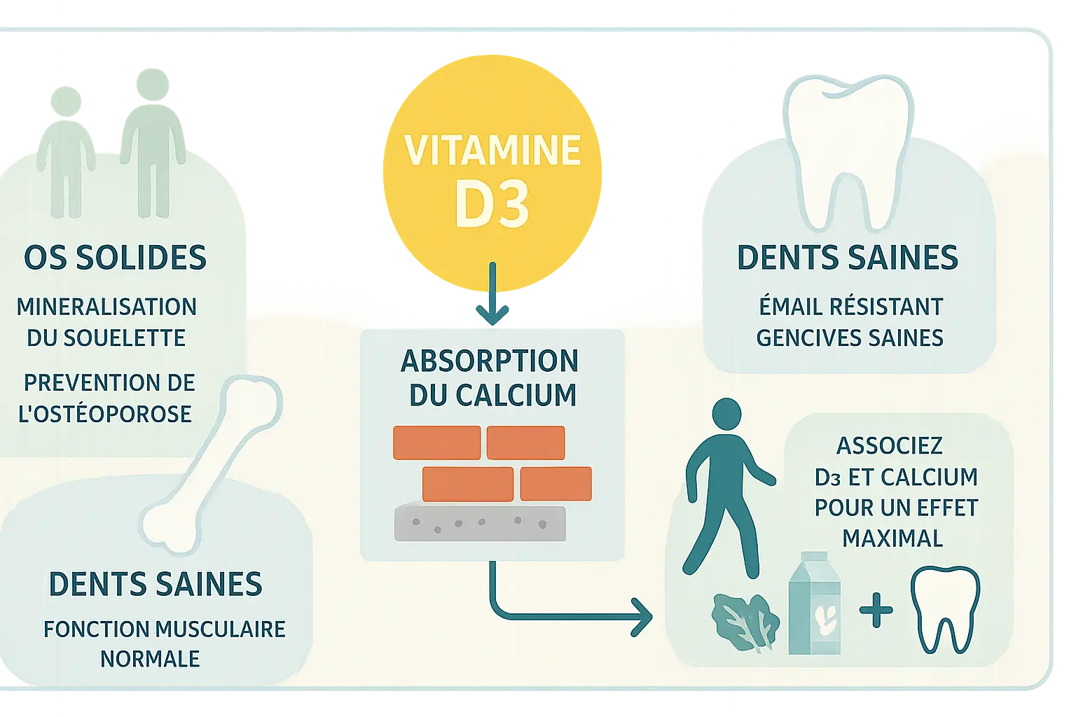 Vitamine D3 : Bienfaits des os, immunité et énergie 12 Schéma du rôle de la vitamine D3 dans l'absorption du calcium