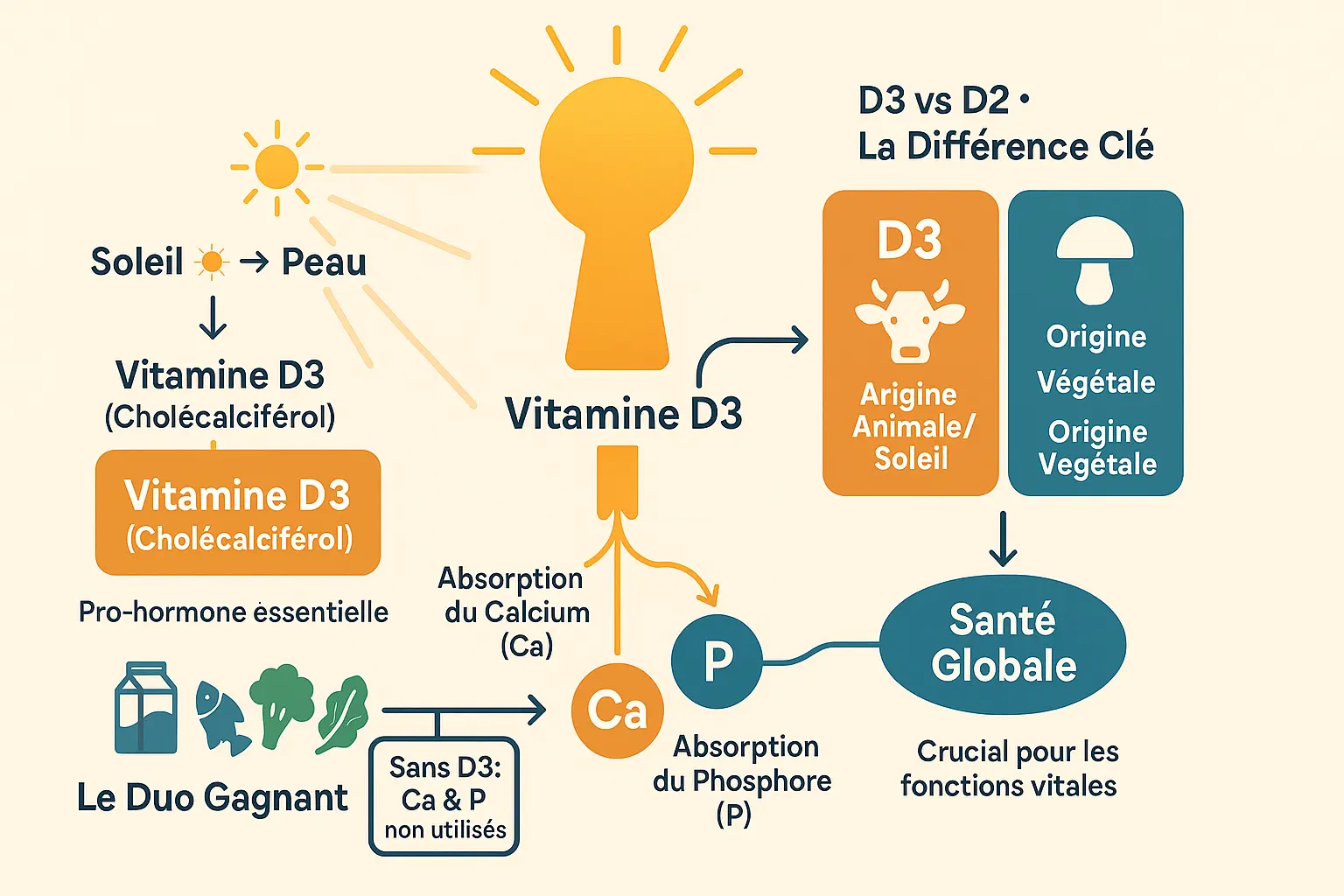 Vitamine D3 : Bienfaits des os, immunité et énergie 11 Schéma de transformation de la vitamine D3 en calcitriol active
