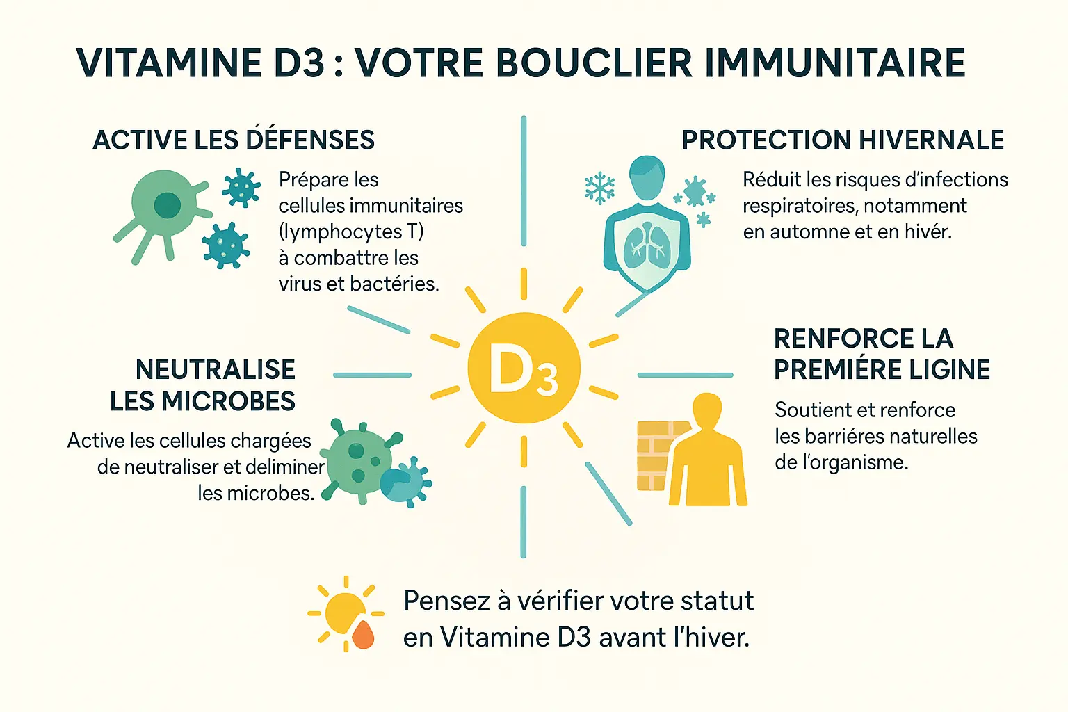 Vitamine D3 : Bienfaits des os, immunité et énergie 13 Représentation visuelle du rôle de la vitamine D3 sur le système immunitaire