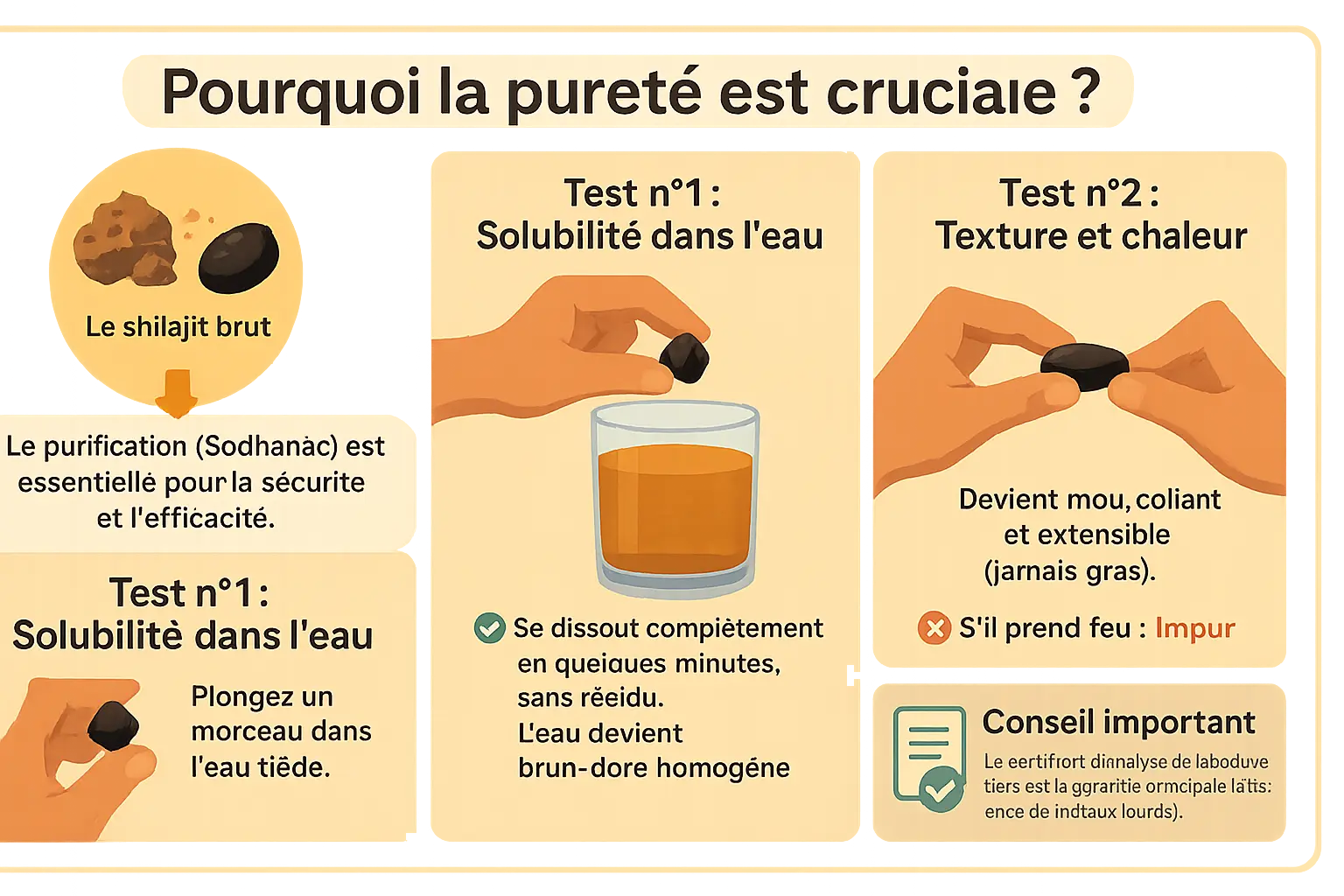 Test de pureté du shilajit avec de l'eau et une flamme