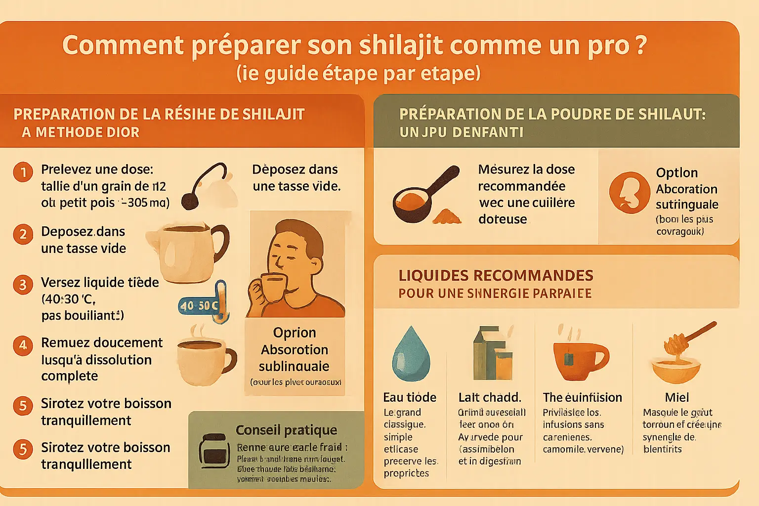 Shilajit résine sur une cuillère avec fond ambré