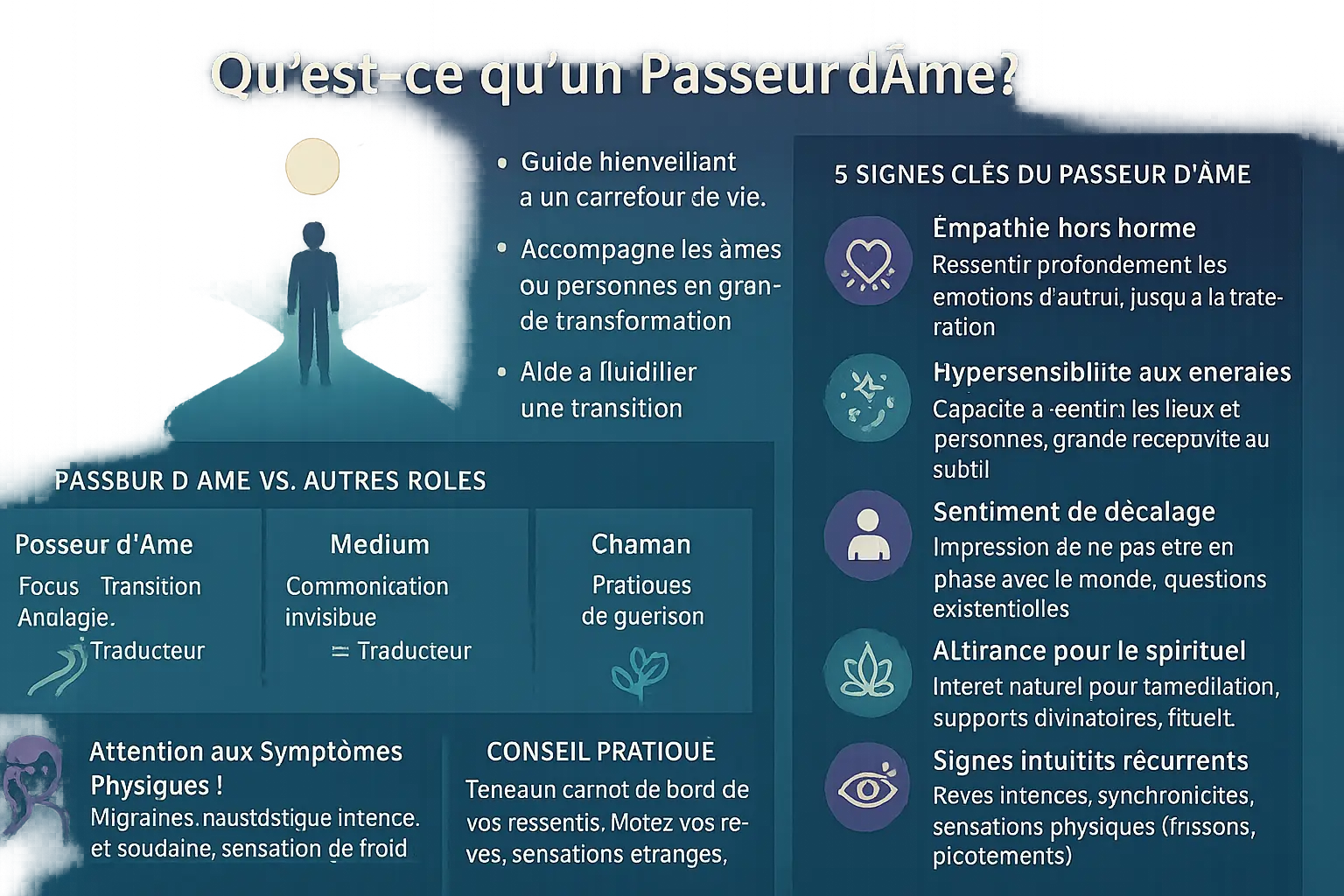 Illustration d'un passeur d'âme guidant une lumière vers l'infini