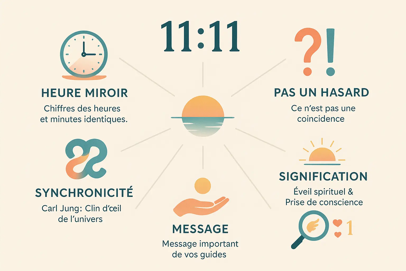 Illustration de l'heure miroir 11h11 avec des symboles spirituels