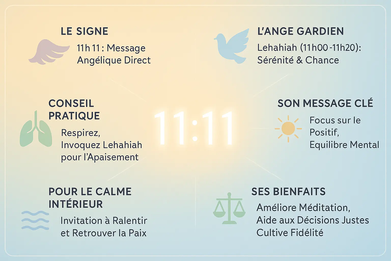 Illustration de l'ange Lehahiah entouré de l'heure miroir 11h11