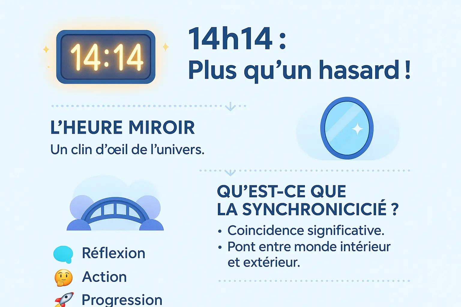 14h14 : l’heure miroir de réflexion et d’action 5 Illustration de l'heure 14h14 avec des symboles spirituels