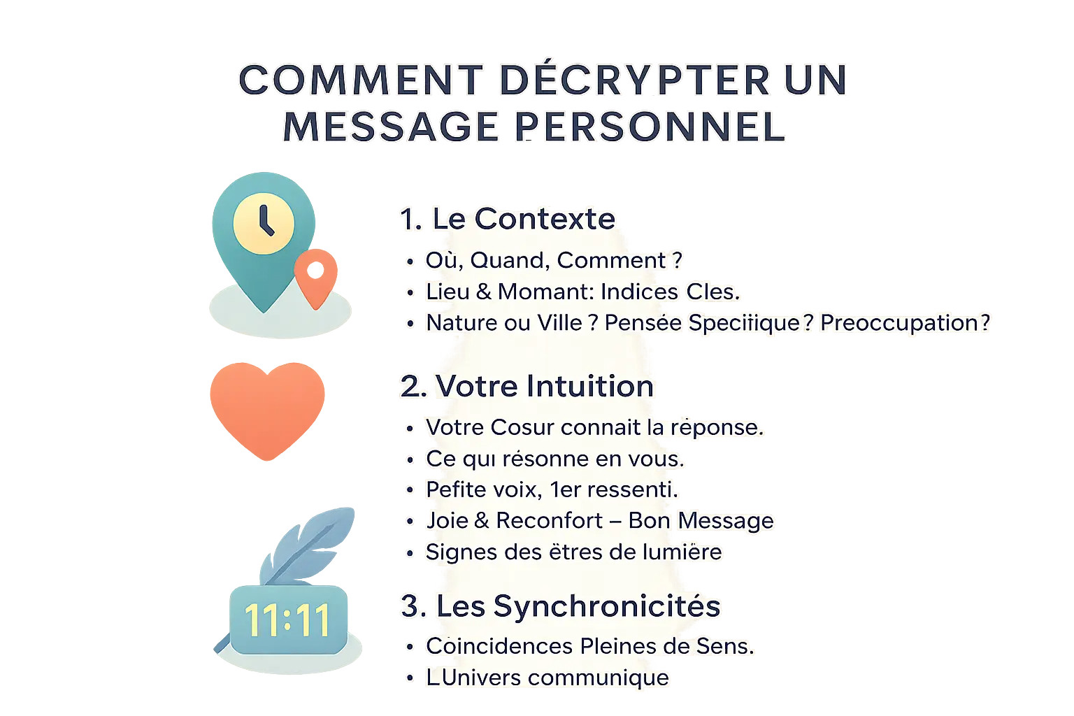 Illustration d'une personne observant une plume blanche, entourée de symboles de synchronicité comme des heures miroirs et des animaux totems