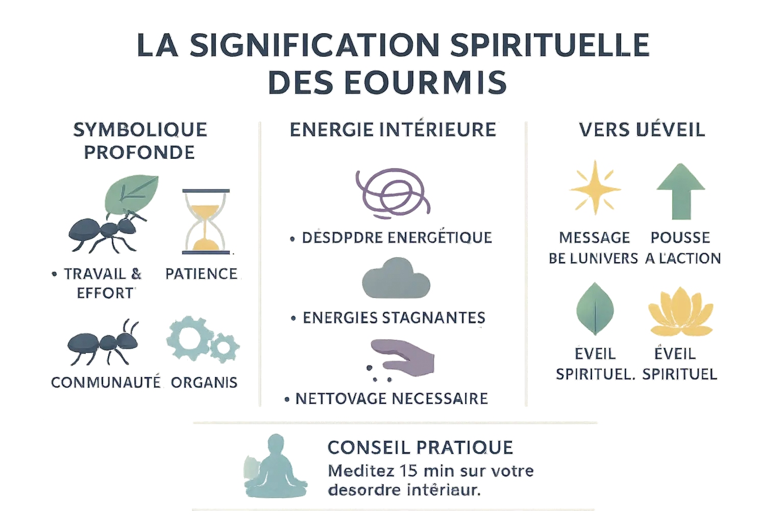 Illustration de fourmis avec symboles spirituels
