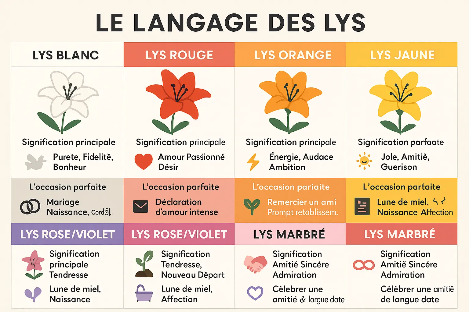 Illustration des différentes couleurs de lys avec leurs significations
