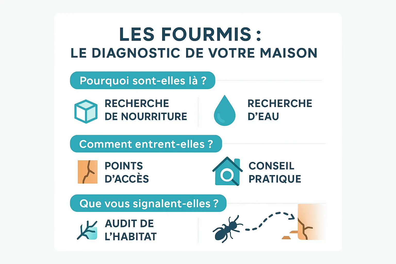 Illustration montrant des fourmis sur un plan de cuisine avec des repères de nettoyage