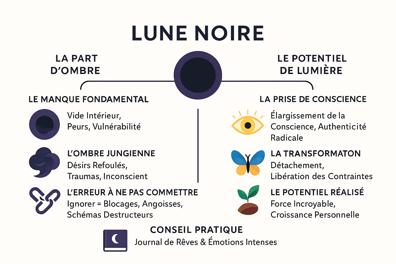 Lune noire en astro : transformer son ombre en lumière ✨ 8 Illustration représentant la dualité de la Lune Noire entre ombre et lumière