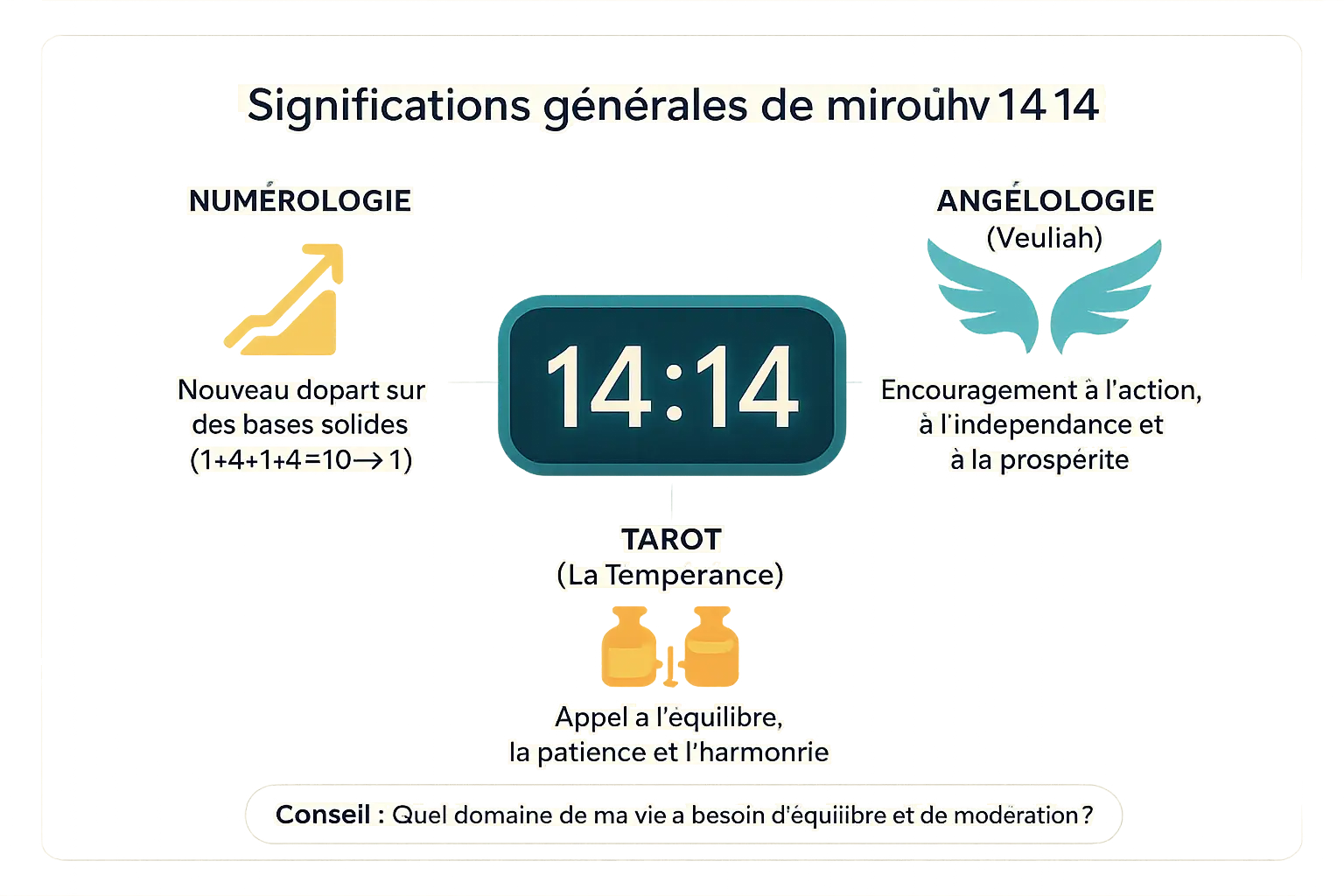14h14 et flamme jumelle : signe de l’univers et votre voie 8 Illustration d'une horloge affichant 14h14 entourée de symboles ésotériques