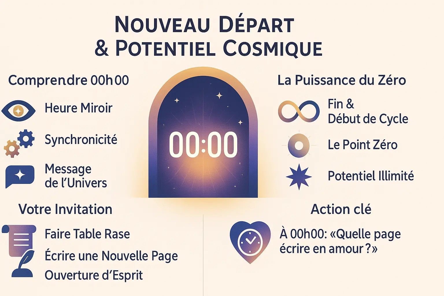 Illustration de l'heure miroir 00h00 symbolisant un nouveau départ et une opportunité cosmique