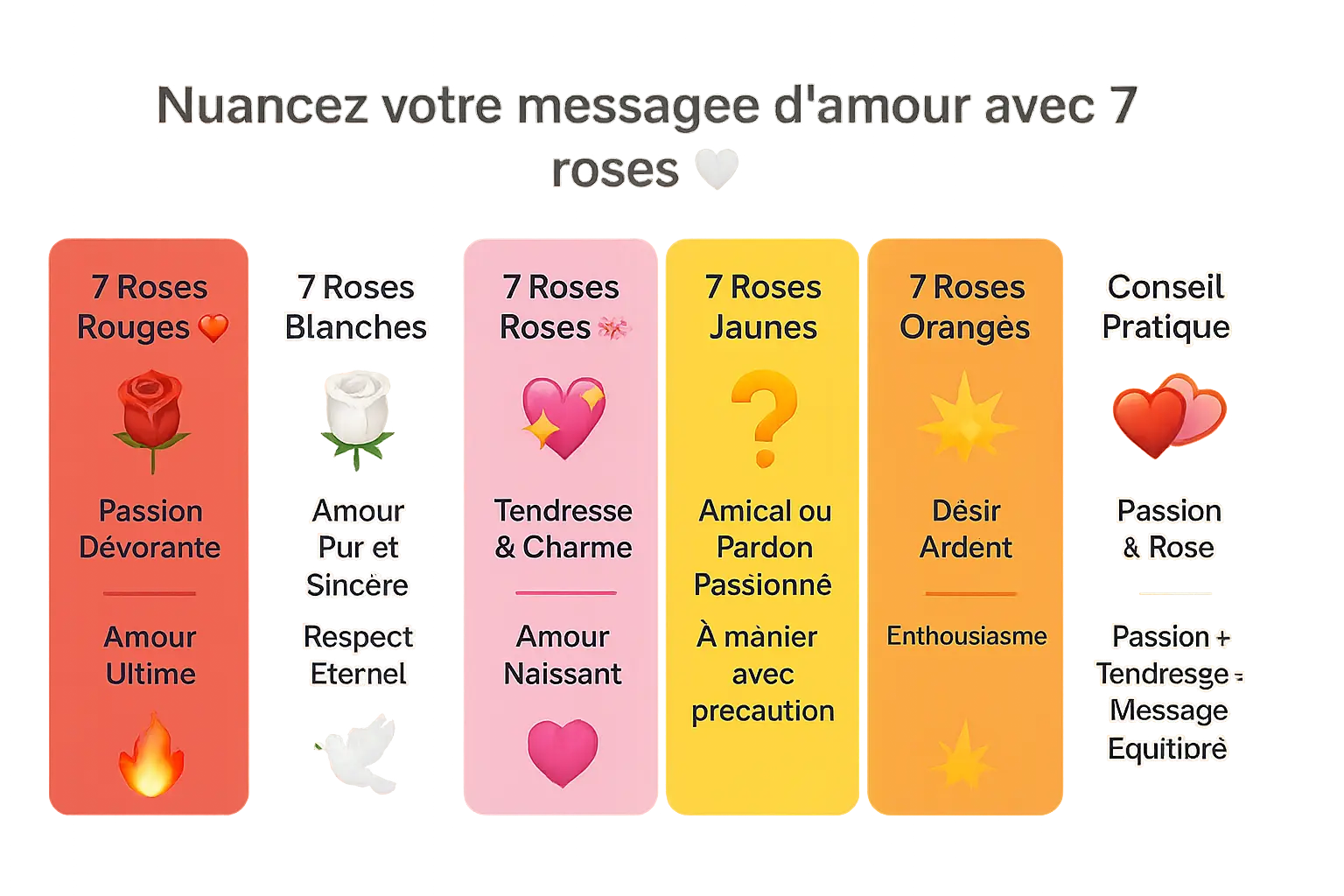 Composition de 7 roses de différentes couleurs symbolisant des émotions amoureuses variées