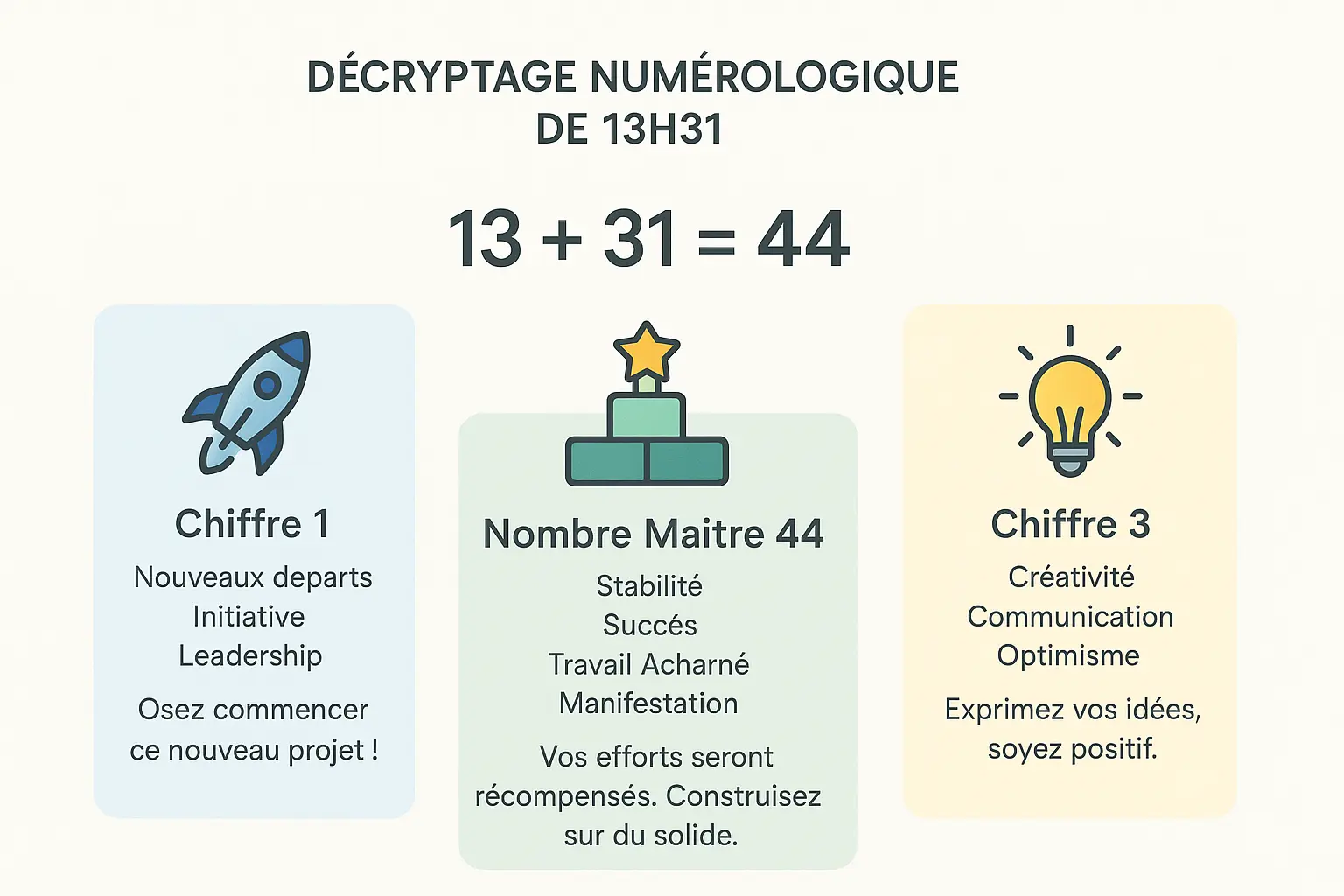 13h31 signification : miroir inversée et transformation 9 Illustration de la numérologie de 13h31 avec les chiffres 1, 3 et 44