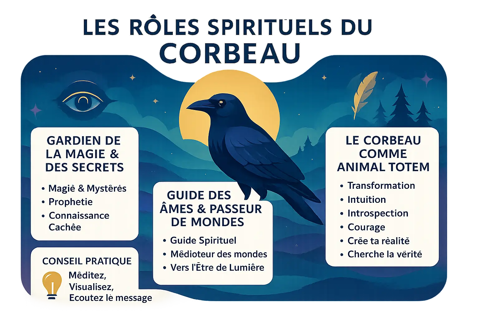 Le corbeau : entre ombre et lumière 9 Raven flying in a mystical forest