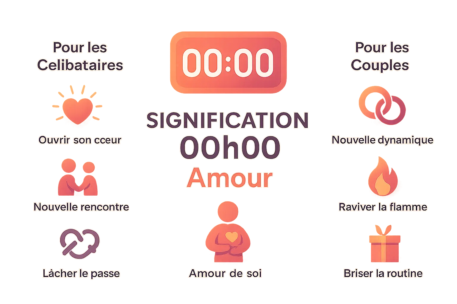 Infographie moderne sur la signification de l'heure miroir 00:00 en amour