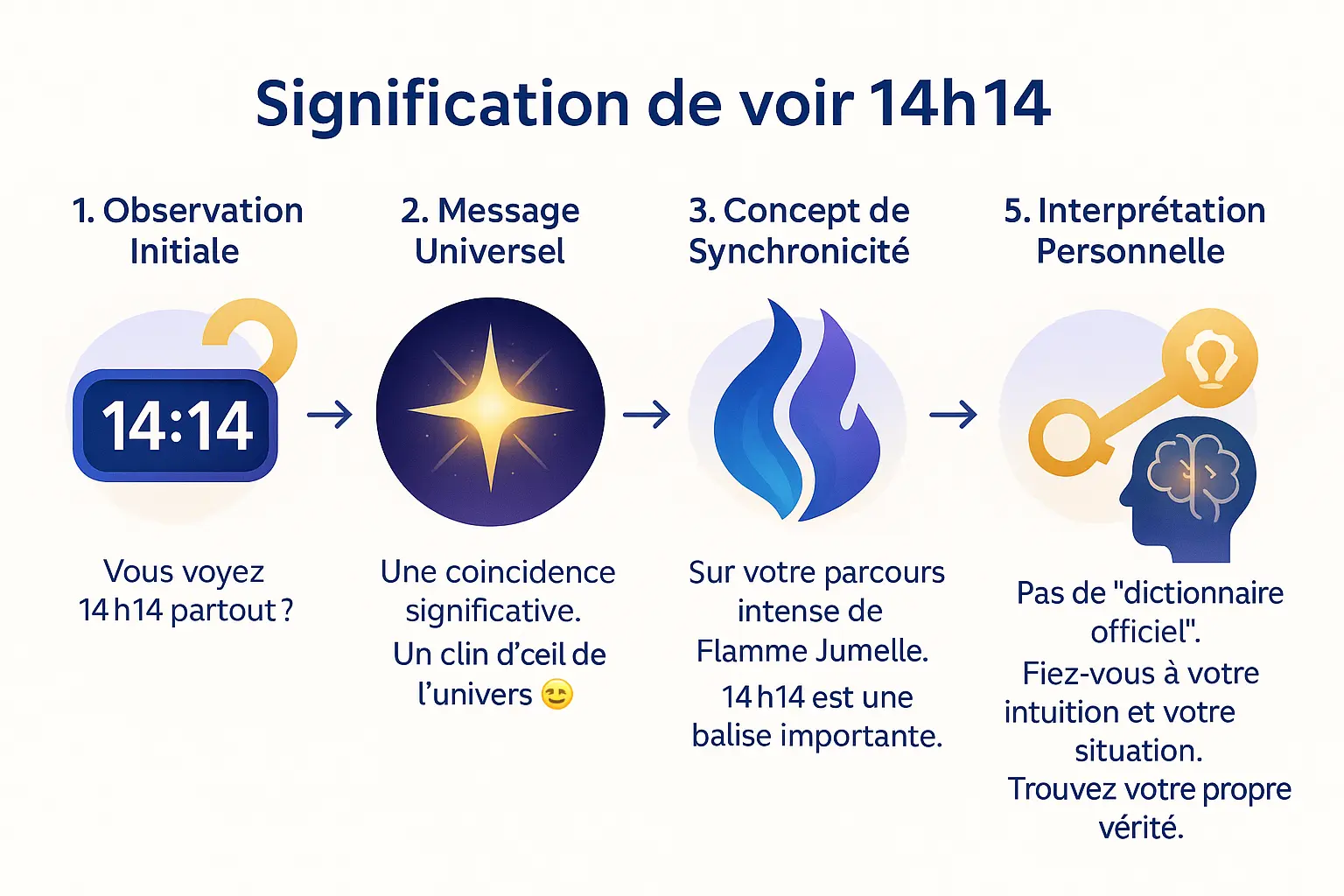 14h14 et flamme jumelle : signe de l’univers et votre voie 7 Illustration d'une montre affichant 14h14 entourée de symboles spirituels